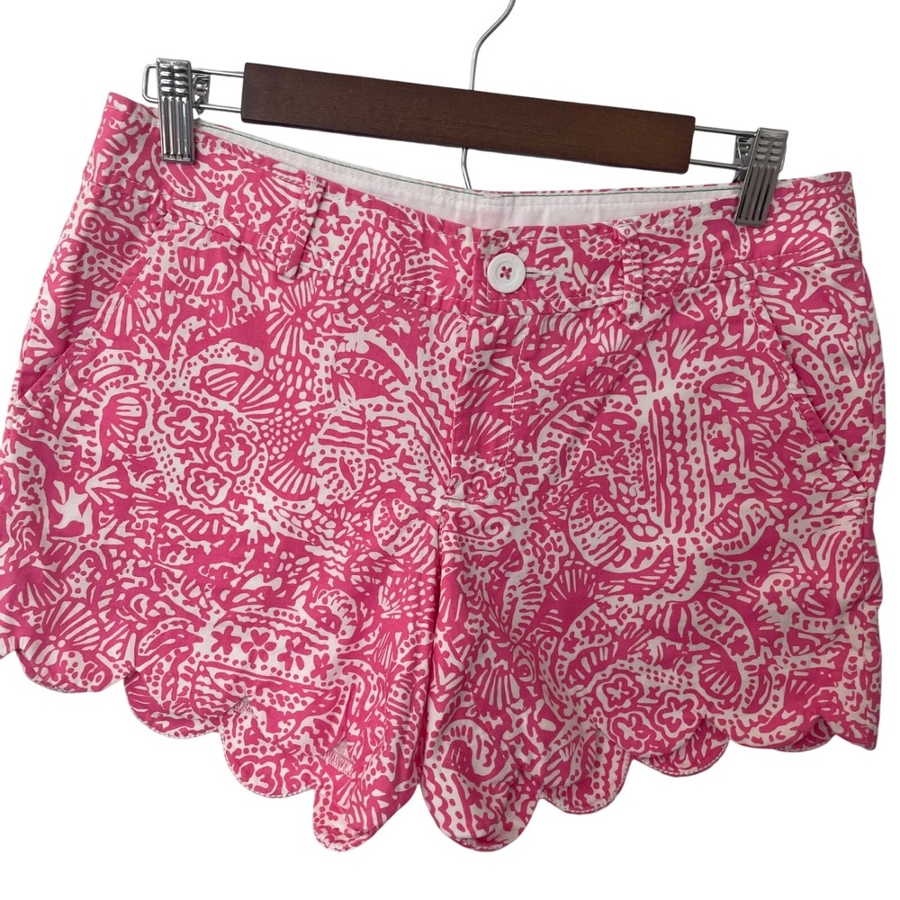 Lilly Pulitzer Buttercup Scalloped Hem Shorts‎ Pink White Sea Print Size 2